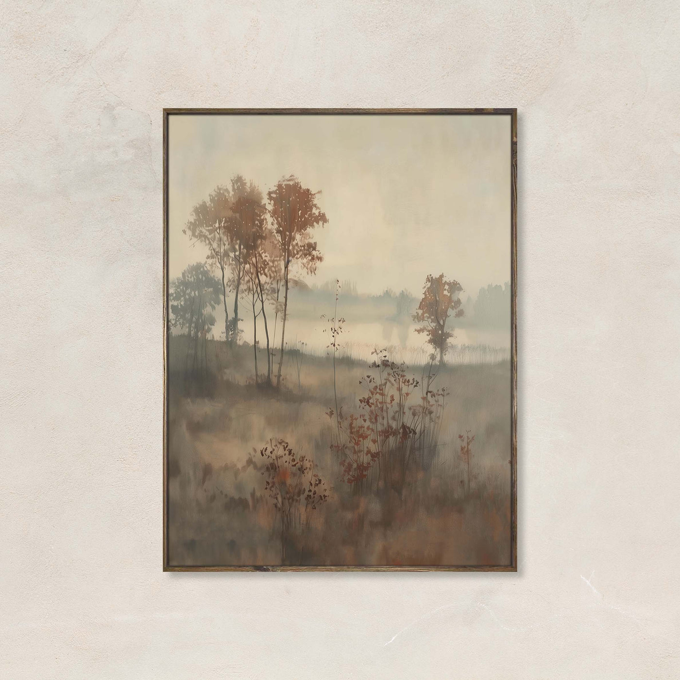 Autumn Fog wall art print showing misty trees and earthy fall tones in a peaceful landscape setting.