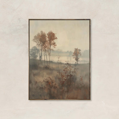 Autumn Fog wall art print showing misty trees and earthy fall tones in a peaceful landscape setting.