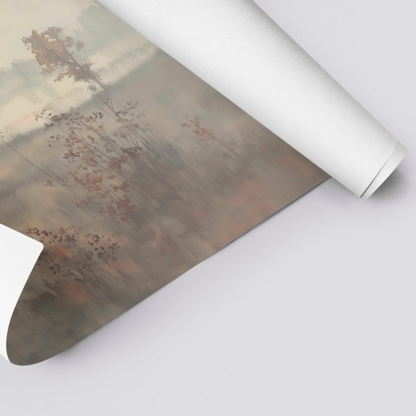 Autumn Fog wall art print showing misty trees and earthy fall tones in a peaceful landscape setting. Printed on Linen Textured Paper 