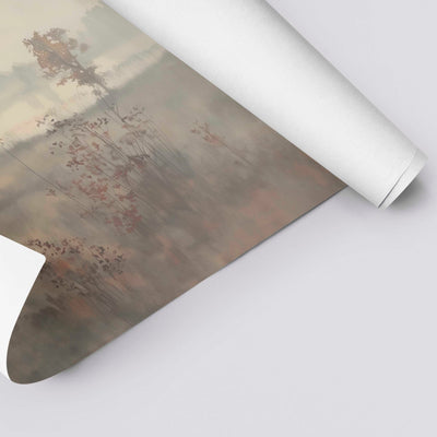 Autumn Fog wall art print showing misty trees and earthy fall tones in a peaceful landscape setting. Printed on Linen Textured Paper 