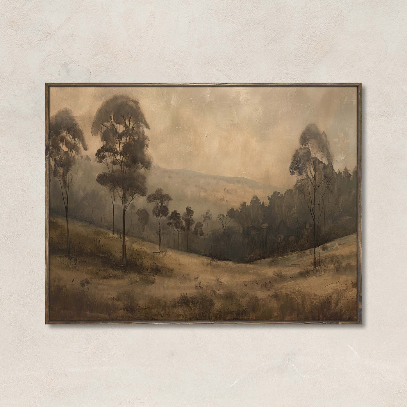 Autumn’s Breath wall art print featuring a misty, neutral-toned forest landscape with soft hills and faded fall trees.