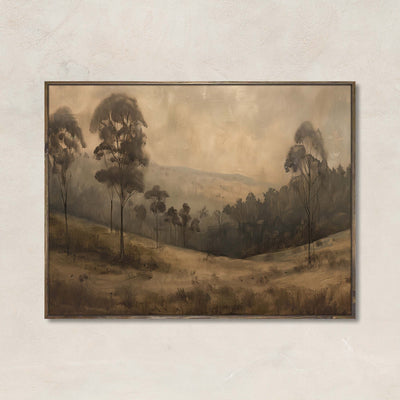Autumn’s Breath wall art print featuring a misty, neutral-toned forest landscape with soft hills and faded fall trees.