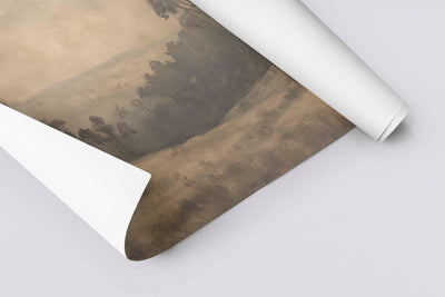 Autumn’s Breath wall art print featuring a misty, neutral-toned forest landscape with soft hills and faded fall trees. Printed On Linen Paper 