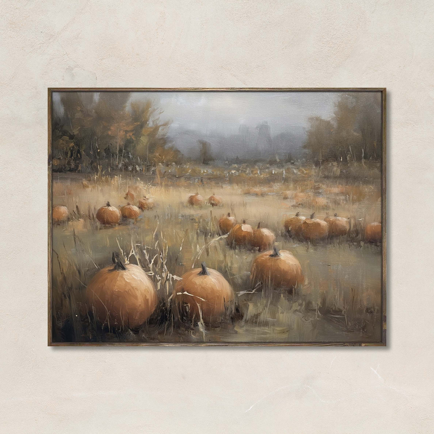 Autumn’s Gentle Abundance art print featuring a soft, painterly pumpkin field landscape with golden grass and fall trees under a cloudy sky.