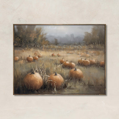Autumn’s Gentle Abundance art print featuring a soft, painterly pumpkin field landscape with golden grass and fall trees under a cloudy sky.