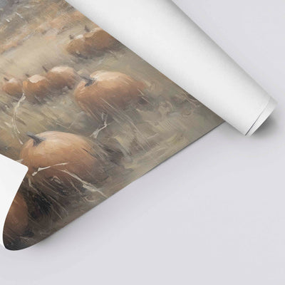 Autumn’s Gentle Abundance art print featuring a soft, painterly pumpkin field landscape with golden grass and fall trees under a cloudy sky. Printed on Linen Paper 