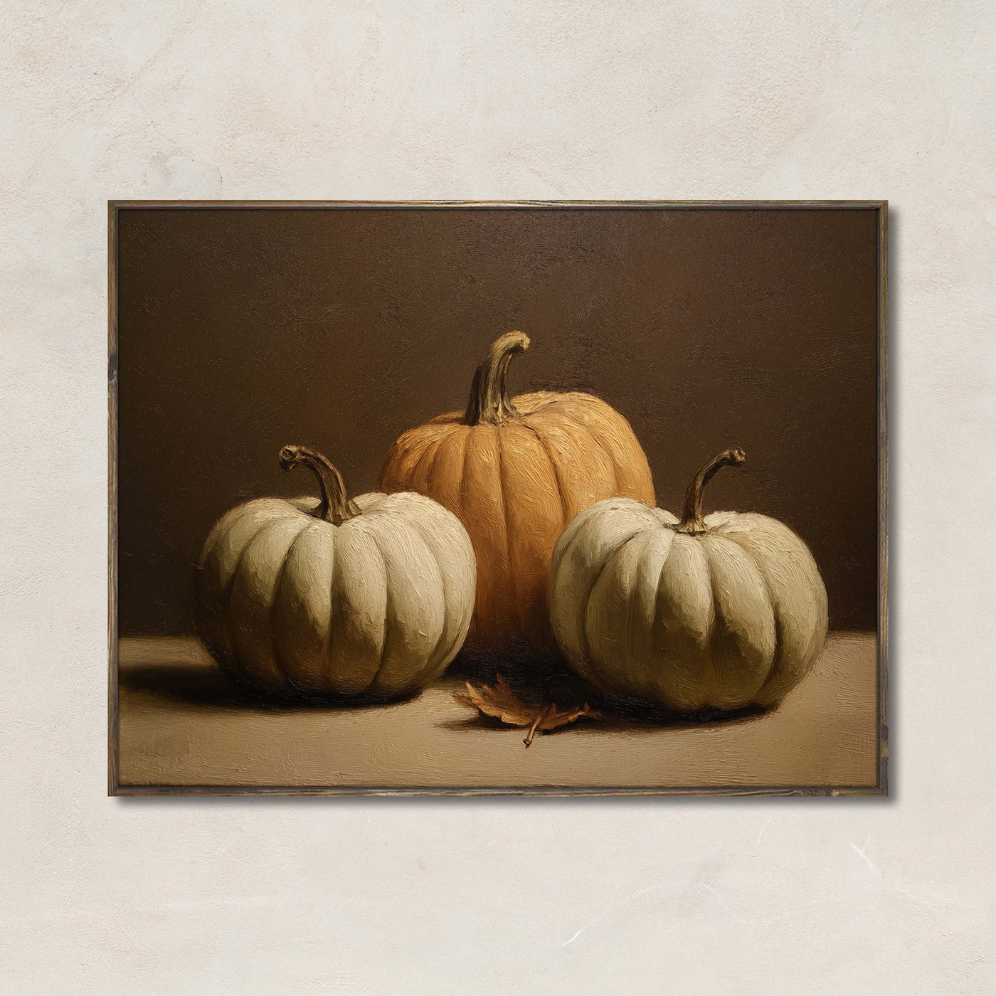 Cottage Pumpkins artwork featuring a still life of neutral heirloom pumpkins in soft lighting, perfect for farmhouse or fall kitchen decor.