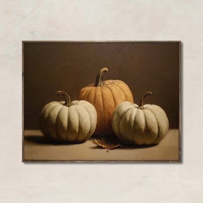 Cottage Pumpkins artwork featuring a still life of neutral heirloom pumpkins in soft lighting, perfect for farmhouse or fall kitchen decor.