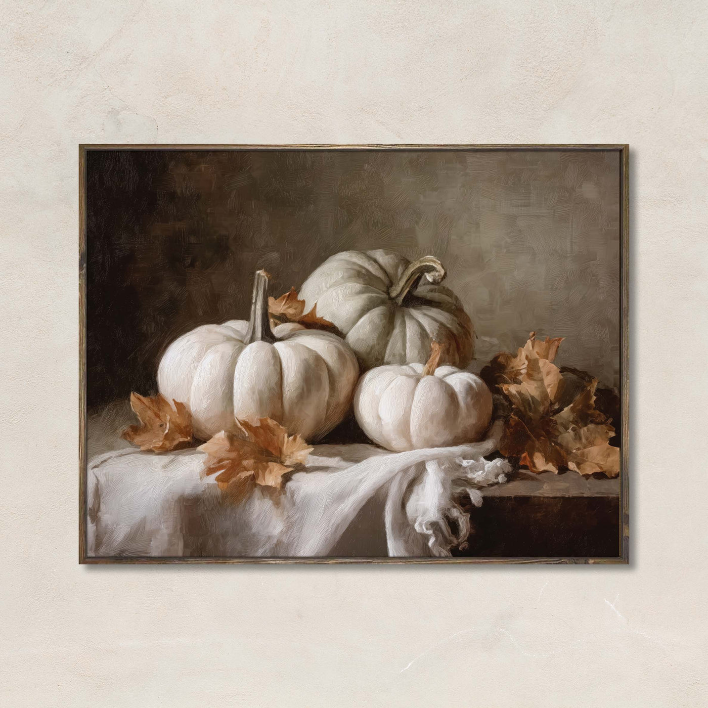 Echoes of Fall artwork featuring heirloom white pumpkins, golden leaves, and vintage-style fall still life with a soft, neutral background.