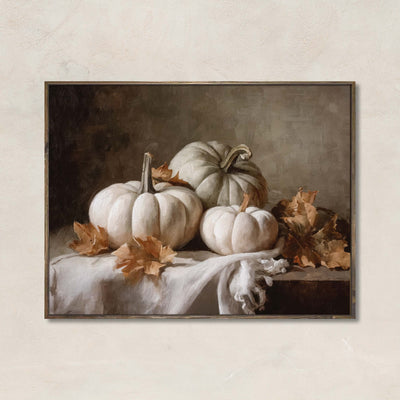 Echoes of Fall artwork featuring heirloom white pumpkins, golden leaves, and vintage-style fall still life with a soft, neutral background.