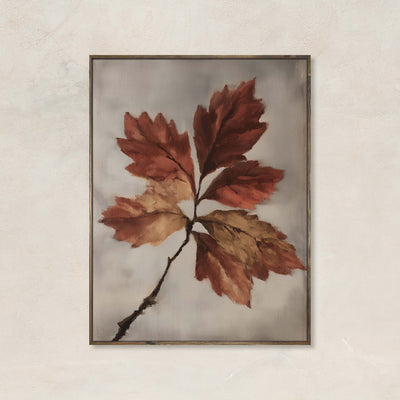 Fallen Grace art print featuring a single fall branch with crimson and golden leaves on a soft neutral background, perfect for vertical seasonal wall decor.