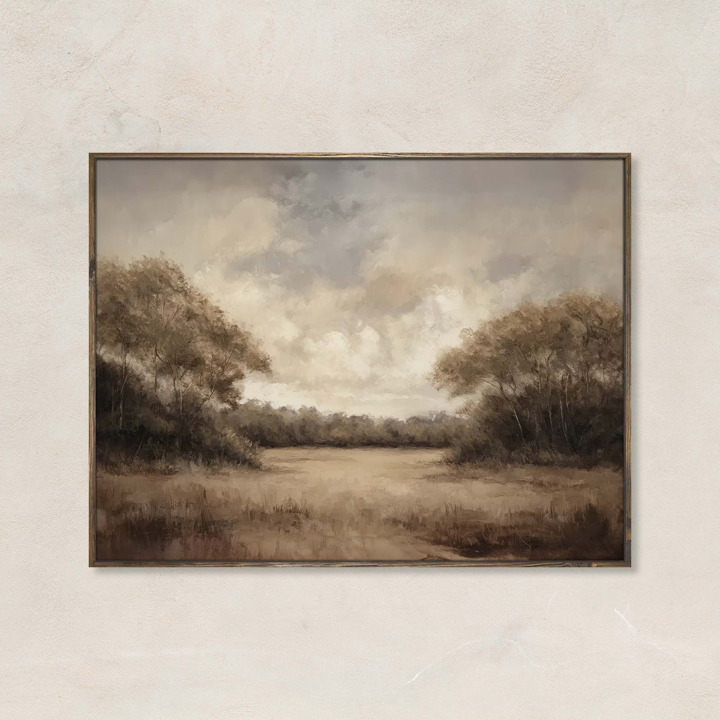 Golden Clearing art print featuring a muted fall landscape with a sunlit field, trees, and a soft cloudy sky – ideal for neutral farmhouse decor.