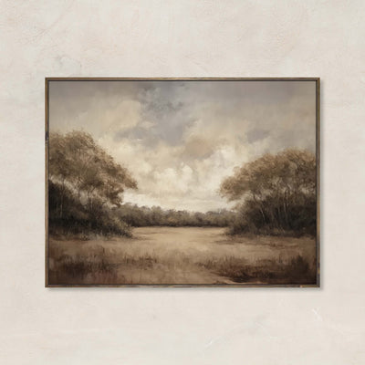 Golden Clearing art print featuring a muted fall landscape with a sunlit field, trees, and a soft cloudy sky – ideal for neutral farmhouse decor.