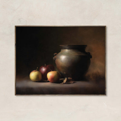 Golden Harvest Days still life art print featuring red and yellow apples beside a rustic clay pot with a warm, vintage-inspired background.