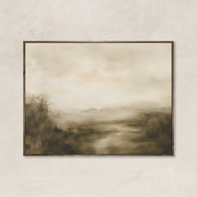 Golden Haze minimalist art print featuring a soft neutral landscape with warm beige and golden tones in a misty, abstract countryside setting.