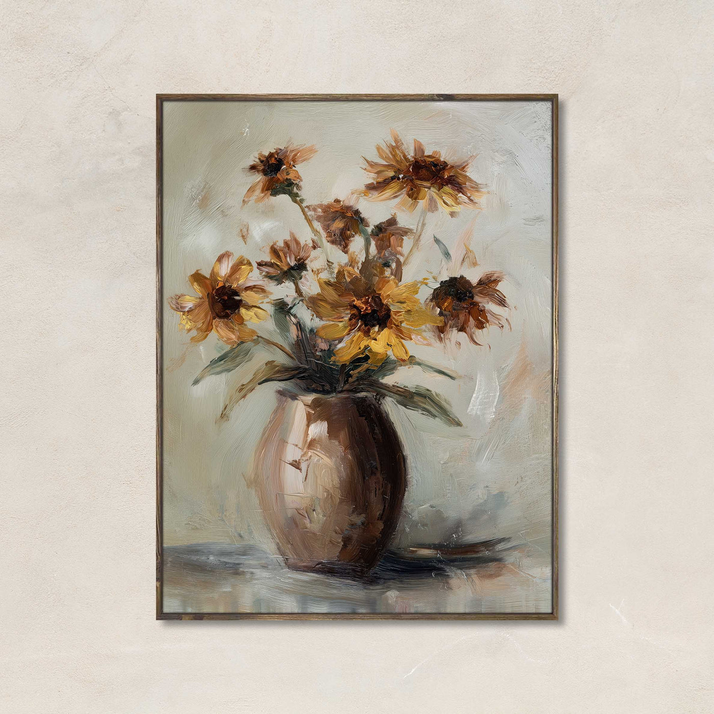 Golden Serenity art print featuring sunflowers in a brown vase painted with bold strokes and warm tones, perfect for rustic or fall floral wall decor.