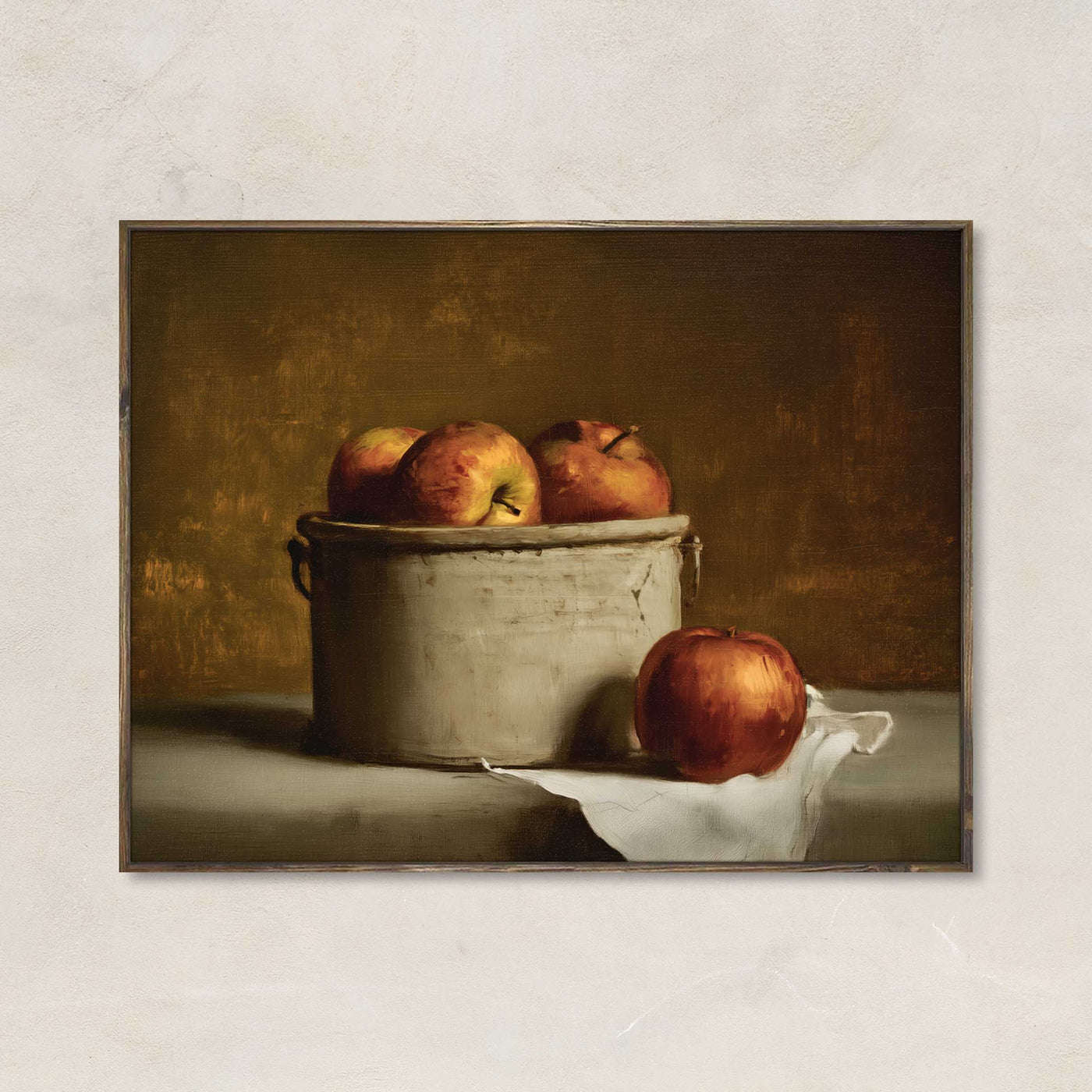 Harvest Keepsake art print featuring a rustic crock filled with red apples and a soft linen cloth, painted in warm autumn tones for farmhouse or vintage decor.