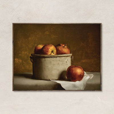 Harvest Keepsake art print featuring a rustic crock filled with red apples and a soft linen cloth, painted in warm autumn tones for farmhouse or vintage decor.