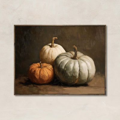 Harvest Stillness wall art print featuring heirloom pumpkins in white, orange, and sage green against a dark background — perfect for rustic and fall decor.
