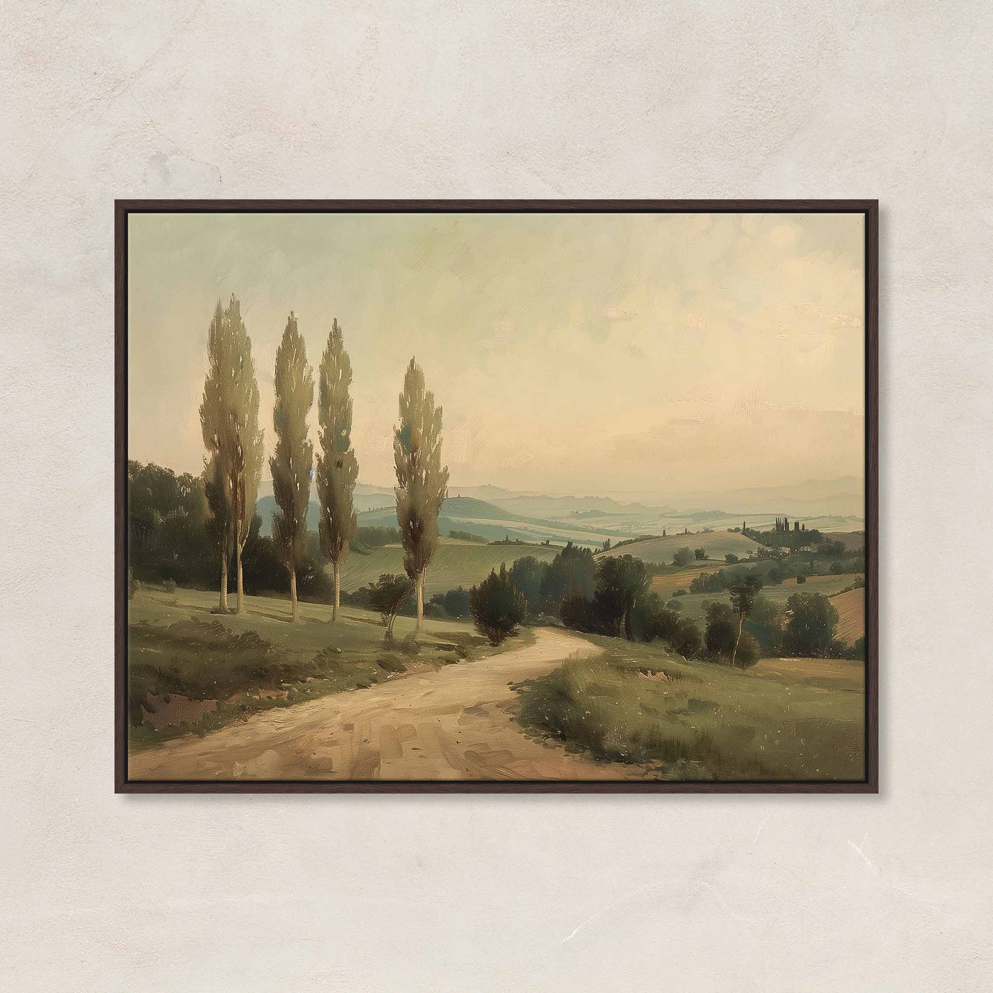 Neutral landscape canvas wall art titled Haven Road featuring a country road and trees in earthy tones