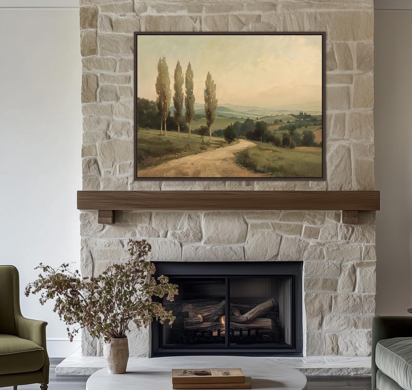 Stone fireplace with a painting above it, featuring a landscape scene.