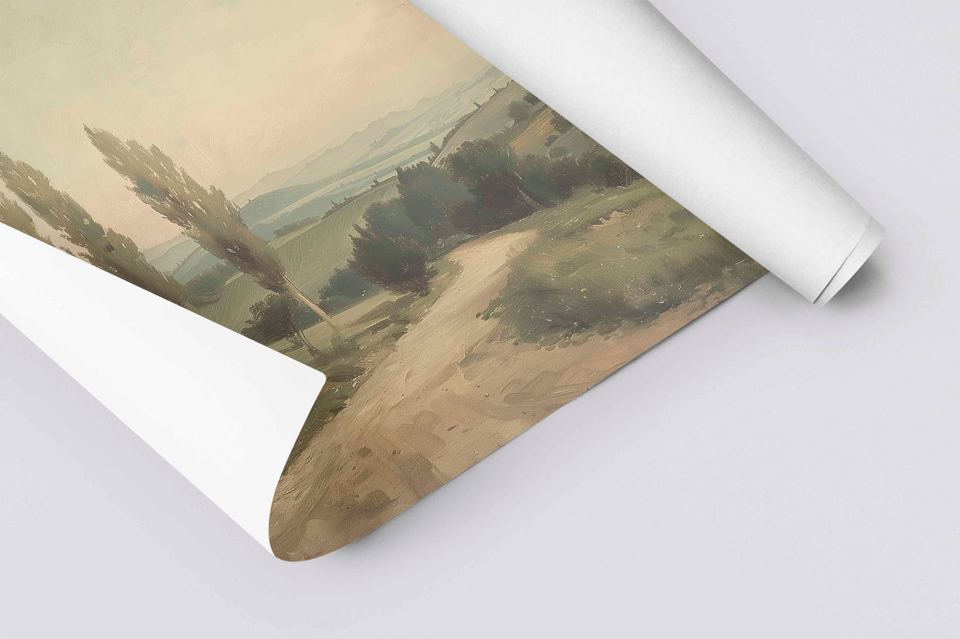 Neutral landscape art titled Haven Road printed on linen paper. 