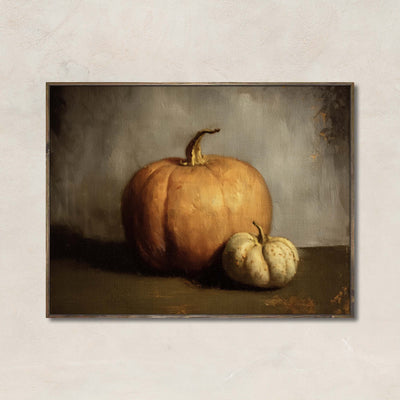 Heirloom Harvest pumpkin still life art print featuring a large orange pumpkin and a cream gourd against a neutral backdrop — vintage fall wall decor.