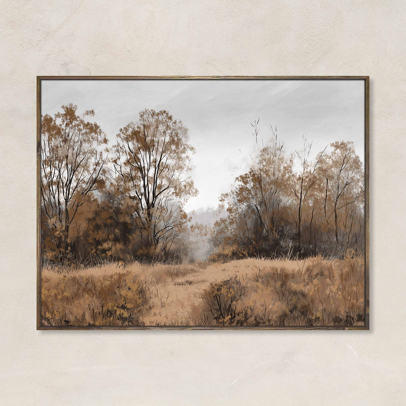 Hushed Grove wall art print featuring a soft autumn forest with golden brown trees and grasses under a muted gray sky, perfect for rustic and cozy home decor.