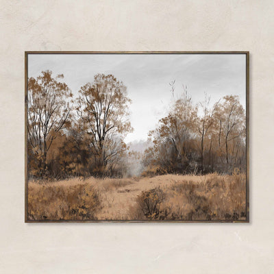 Hushed Grove wall art print featuring a soft autumn forest with golden brown trees and grasses under a muted gray sky, perfect for rustic and cozy home decor.