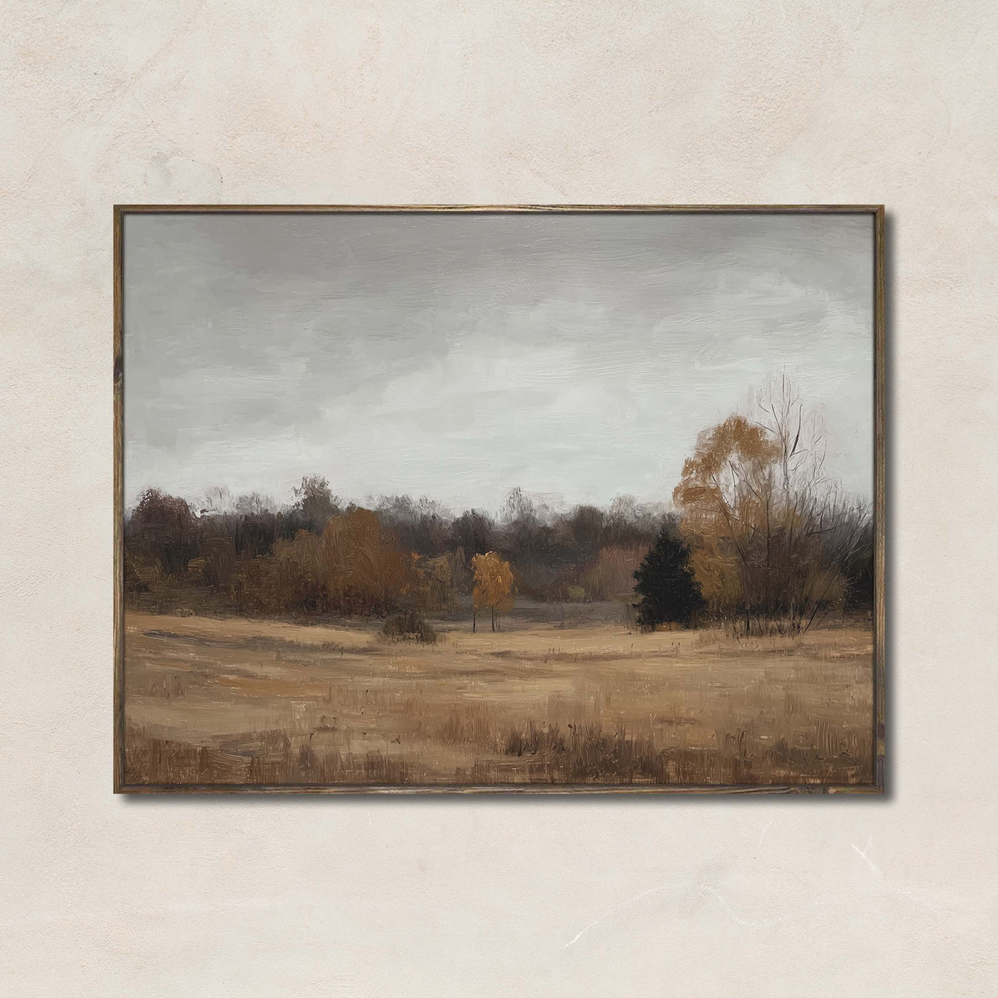 Late Autumn landscape art print featuring golden and brown fields, soft gray skies, and sparse trees — perfect neutral wall decor for fall.