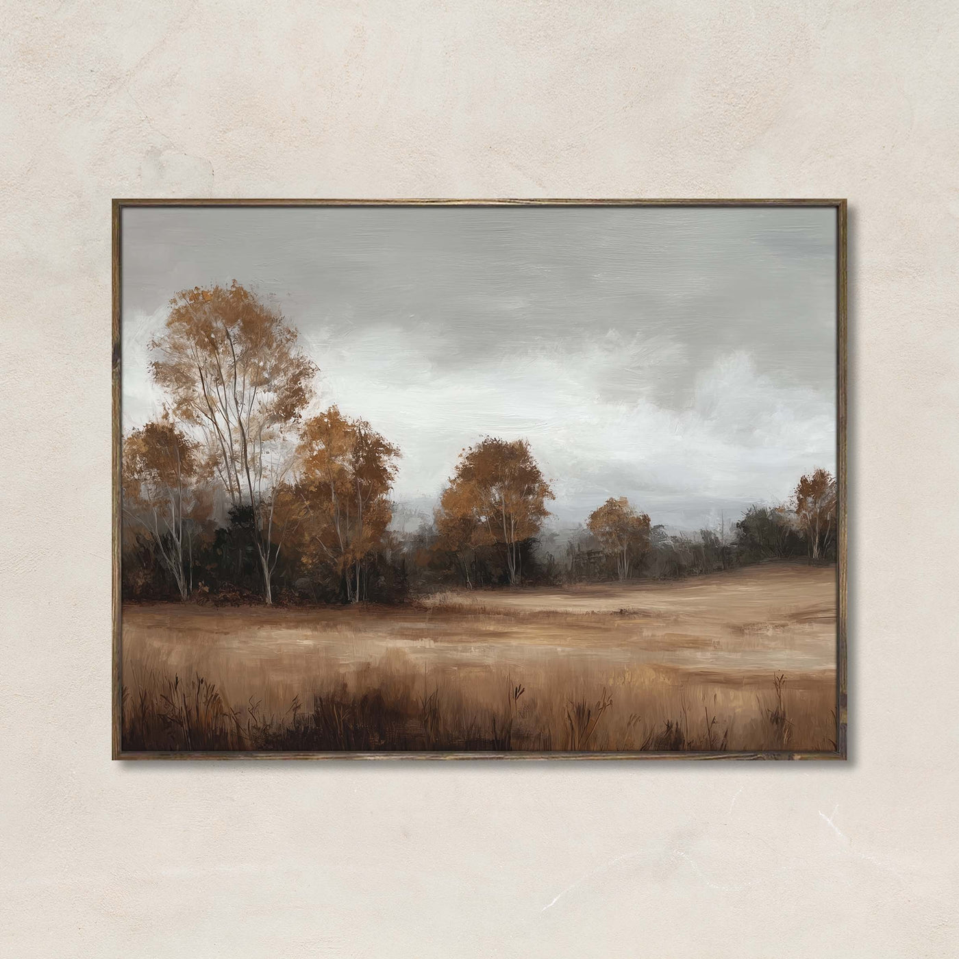 Memory of Fall artwork featuring a golden autumn field with muted trees and a soft overcast sky — perfect for rustic, farmhouse, or cozy seasonal decor.