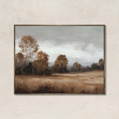 Memory of Fall artwork featuring a golden autumn field with muted trees and a soft overcast sky — perfect for rustic, farmhouse, or cozy seasonal decor.