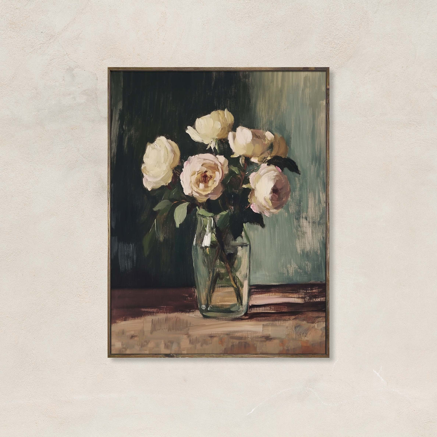 "Neutral floral wall art titled Morning Petals featuring cream and blush flowers in a glass vase against a moody painterly background."