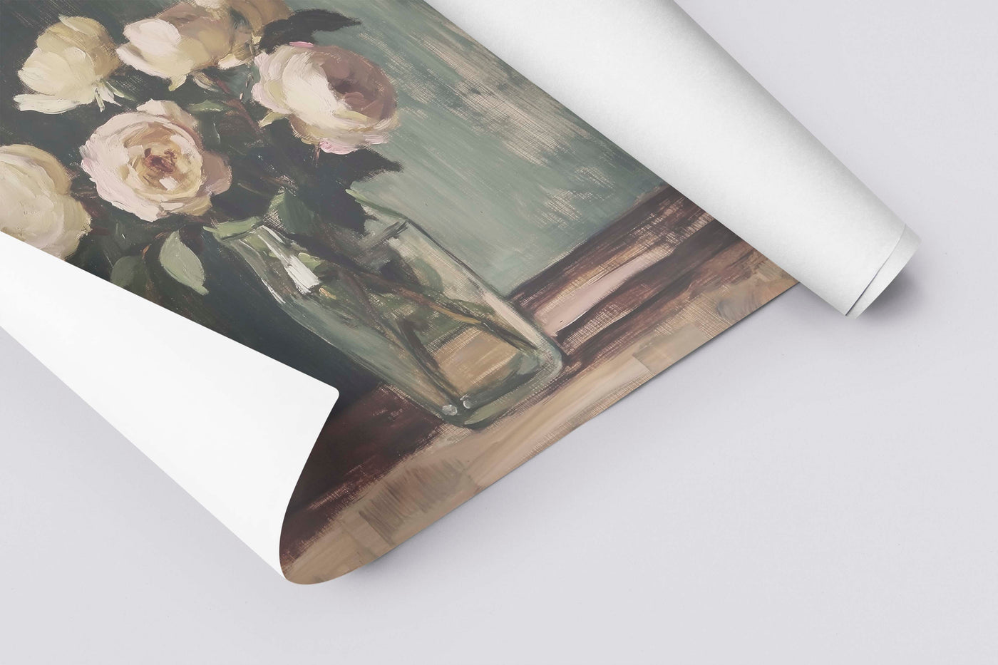 "Neutral floral wall art titled Morning Petals featuring cream and blush flowers in a glass vase against a moody painterly background." printed on linen textured paper