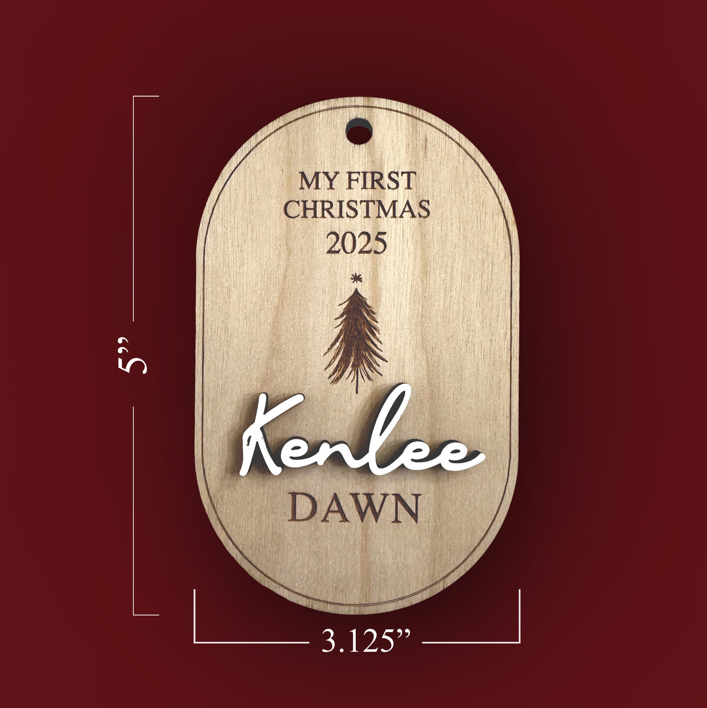 Wooden tag with 'My First Christmas 2025' and a tree
