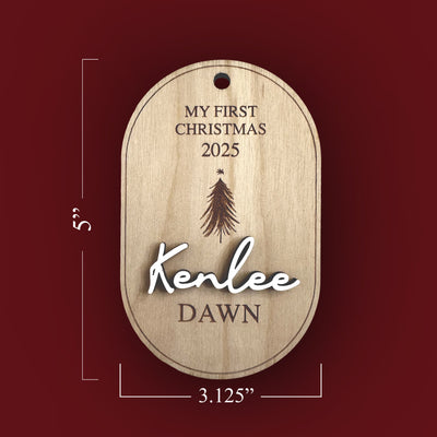 Wooden tag with 'My First Christmas 2025' and a tree