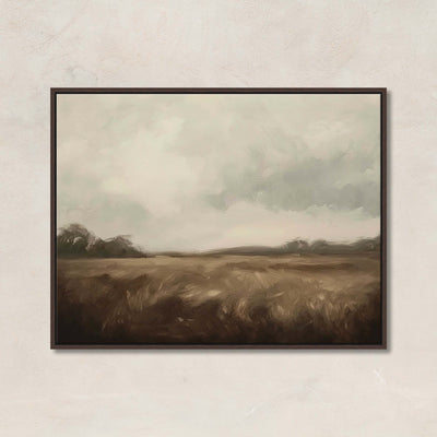 "Neutral landscape canvas art titled Overcast featuring an earthy field and a dramatic, cloud-filled sky in warm neutral tones."
