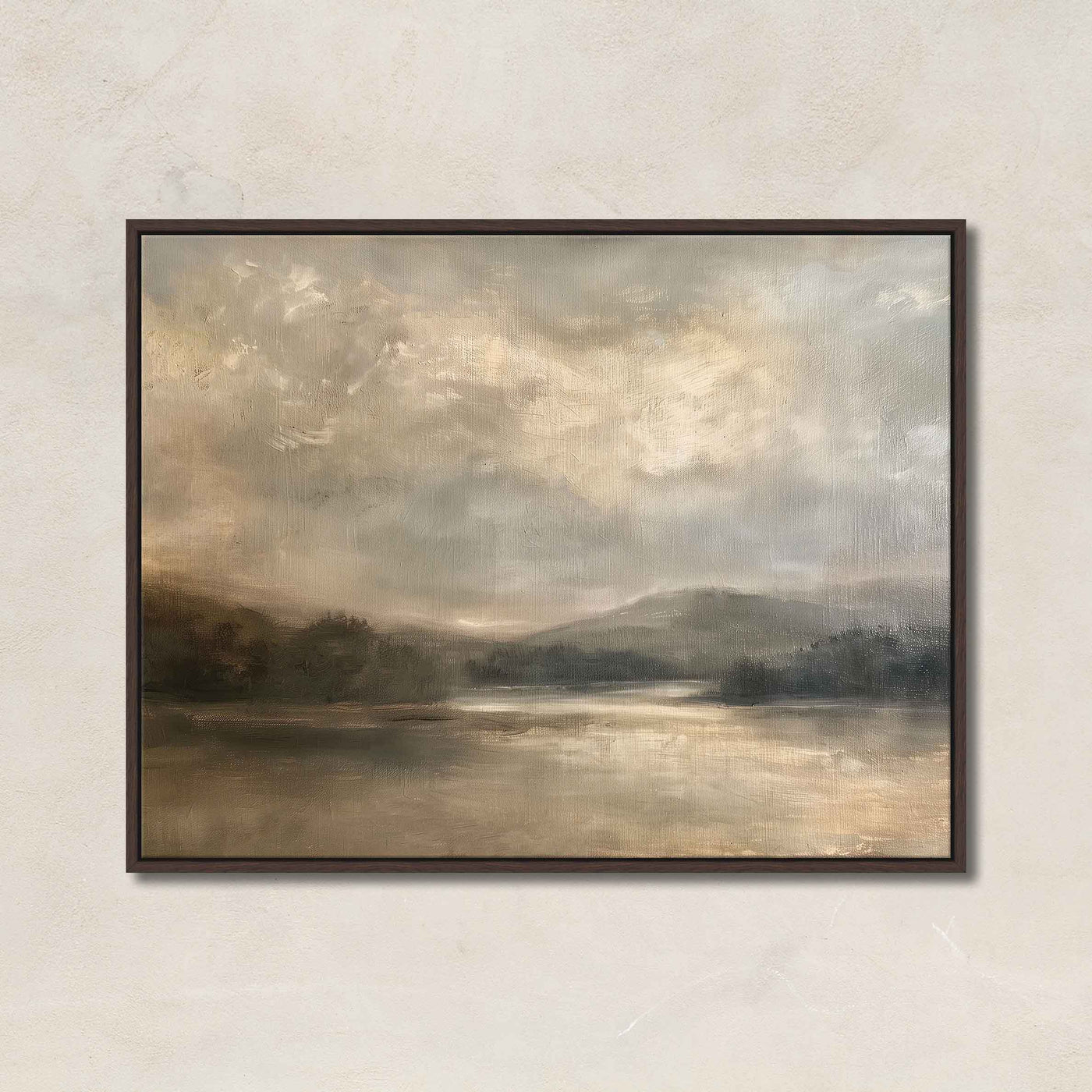 "Neutral landscape canvas art titled Peaceful Landscape featuring a serene lake, misty hills, and soft illuminated sky in earthy tones."