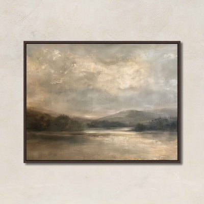"Neutral landscape canvas art titled Peaceful Landscape featuring a serene lake, misty hills, and soft illuminated sky in earthy tones."