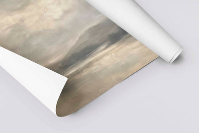 "Neutral landscape canvas art titled Peaceful Landscape featuring a serene lake, misty hills, and soft illuminated sky in earthy tones." printed on paper 