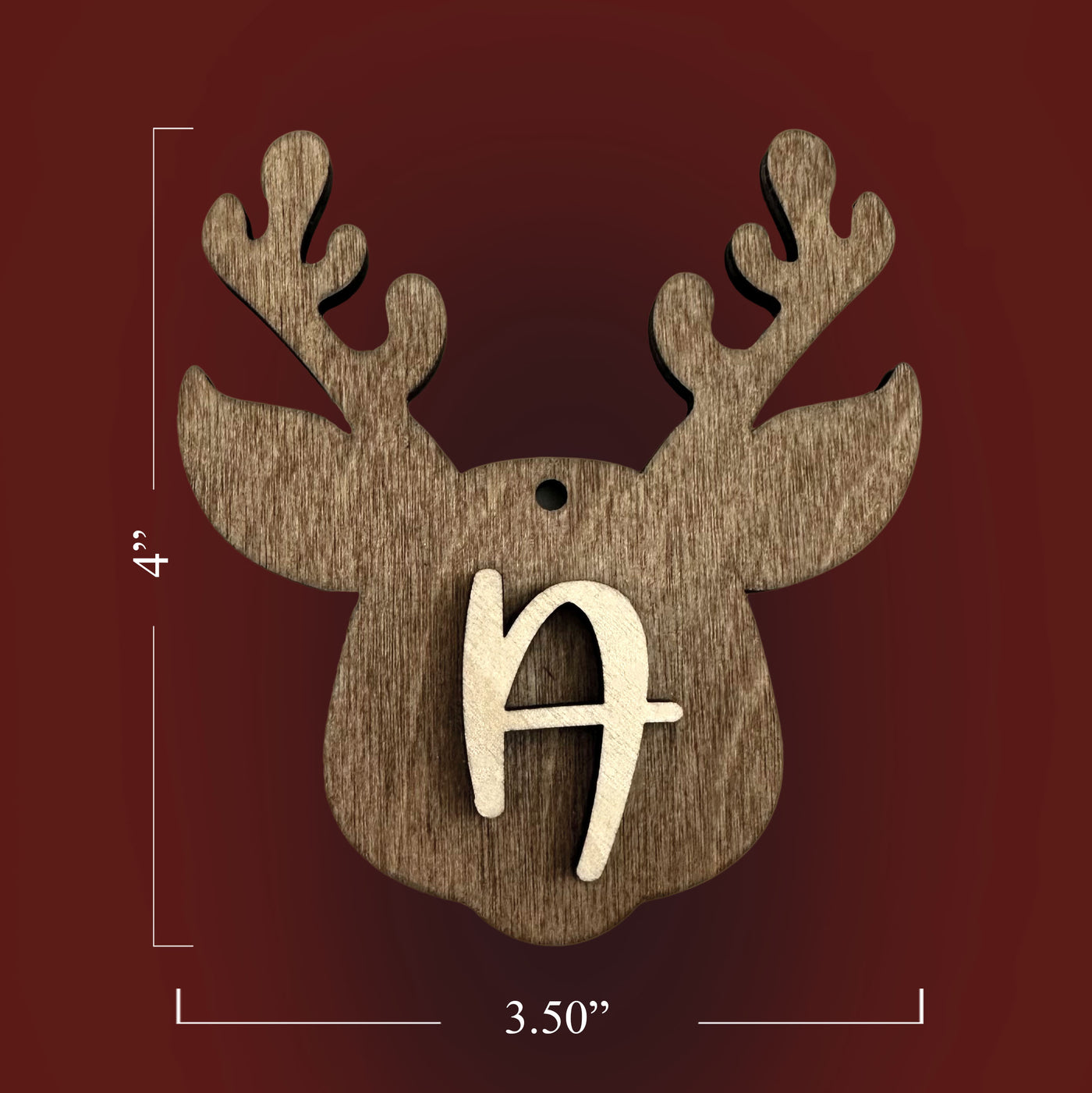 Wooden reindeer head decoration with a letter 'A'  showing measurements.