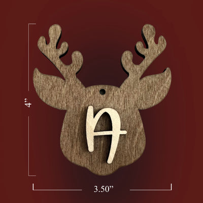 Wooden reindeer head decoration with a letter 'A'  showing measurements.