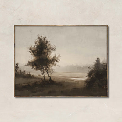 Soft Awakening wall art featuring a neutral sepia-toned landscape with a single tree and soft morning light — perfect for rustic, calming, or minimalist decor.