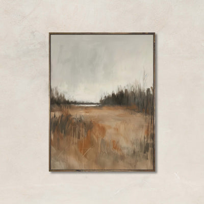 Soft Harvest Light vertical art print featuring a warm, neutral-toned fall field with distant trees and soft sky – perfect for rustic or minimalist decor.