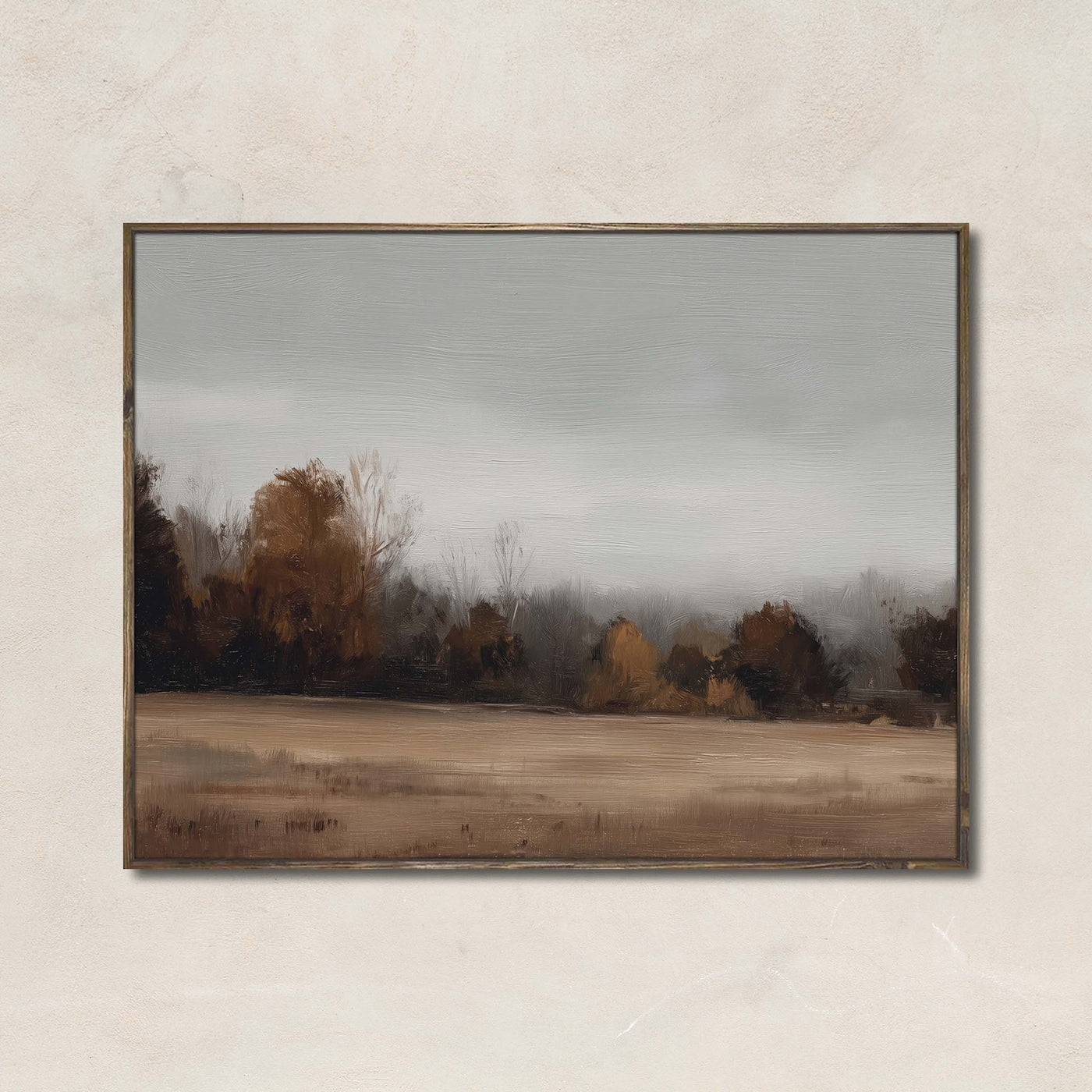 Softly October landscape painting featuring muted fall colors, gray skies, and a calm rural field – perfect neutral wall art for autumn.