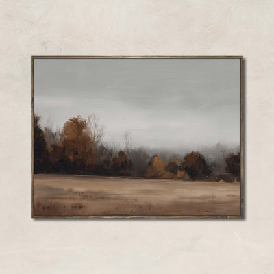Softly October landscape painting featuring muted fall colors, gray skies, and a calm rural field – perfect neutral wall art for autumn.