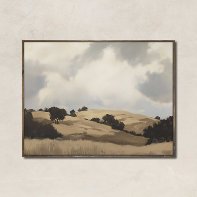 Stillness Beyond landscape painting with rolling tan hills and soft cloudy skies – neutral countryside wall art for calm home decor.