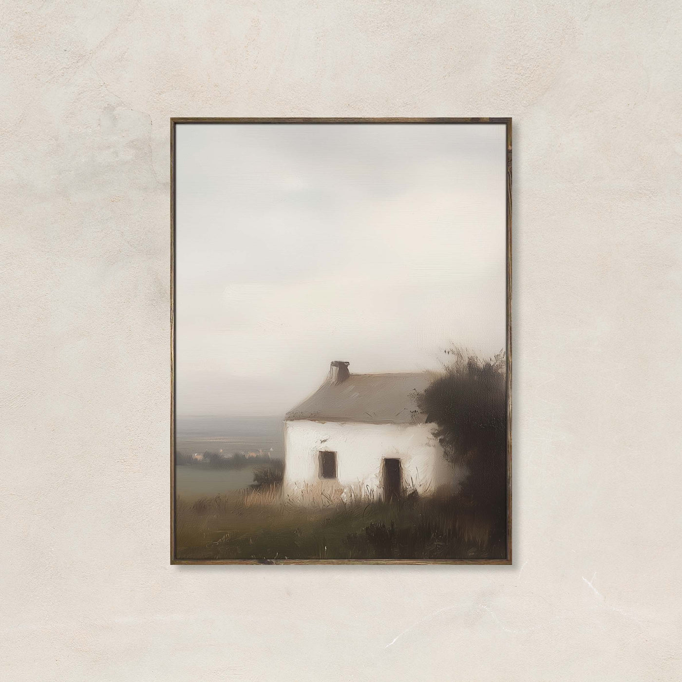"Neutral cottage landscape canvas art titled The Gentle Dwelling featuring a white house in a soft, serene countryside scene."