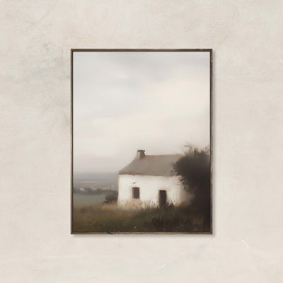 "Neutral cottage landscape canvas art titled The Gentle Dwelling featuring a white house in a soft, serene countryside scene."