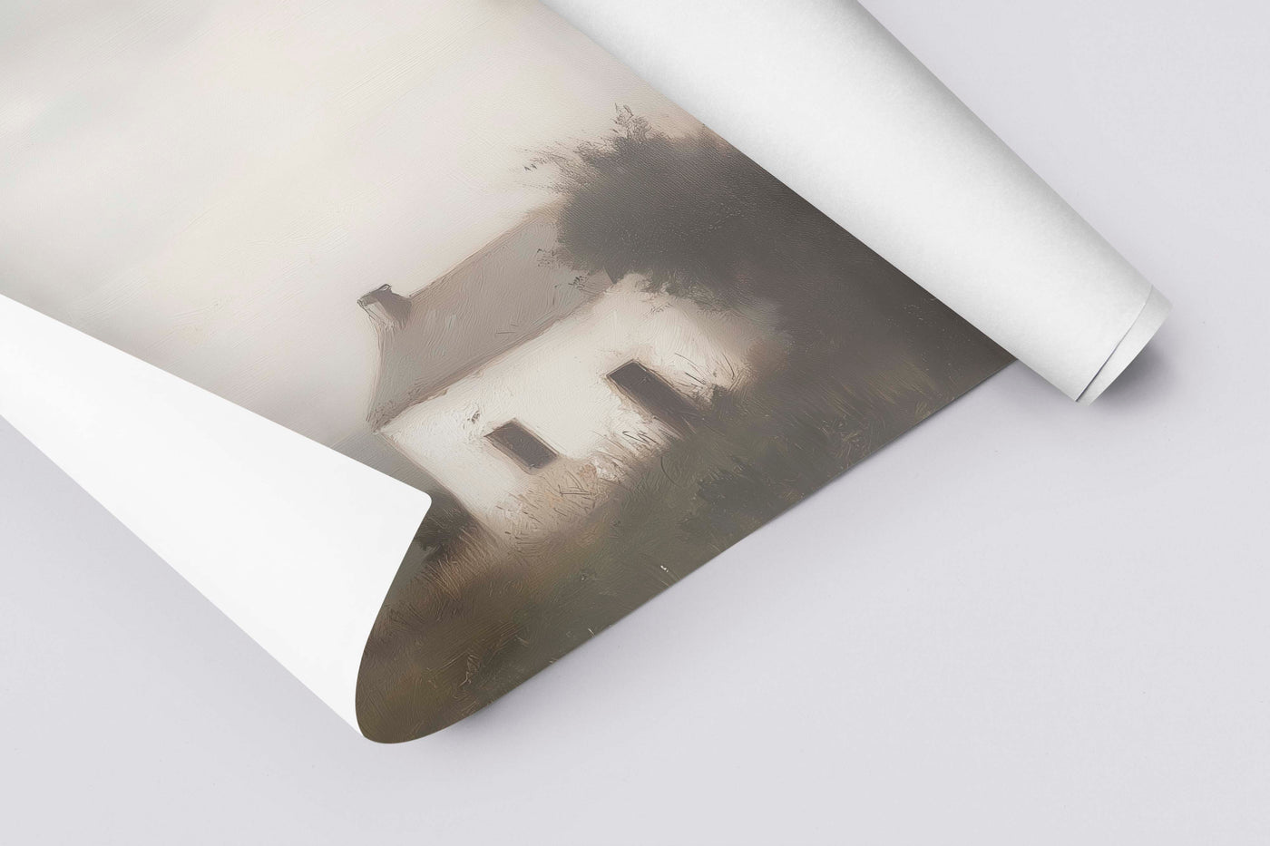 "Neutral cottage landscape art titled The Gentle Dwelling printed on linen paper 